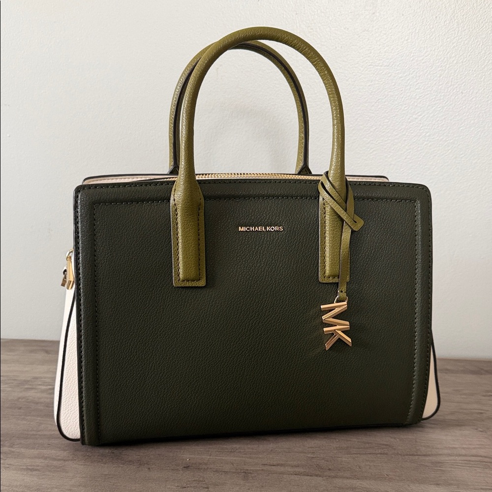 BRAND NEW Michael Kors Laila Olive Green & Ivy Medium Satchel with Gold Hardware